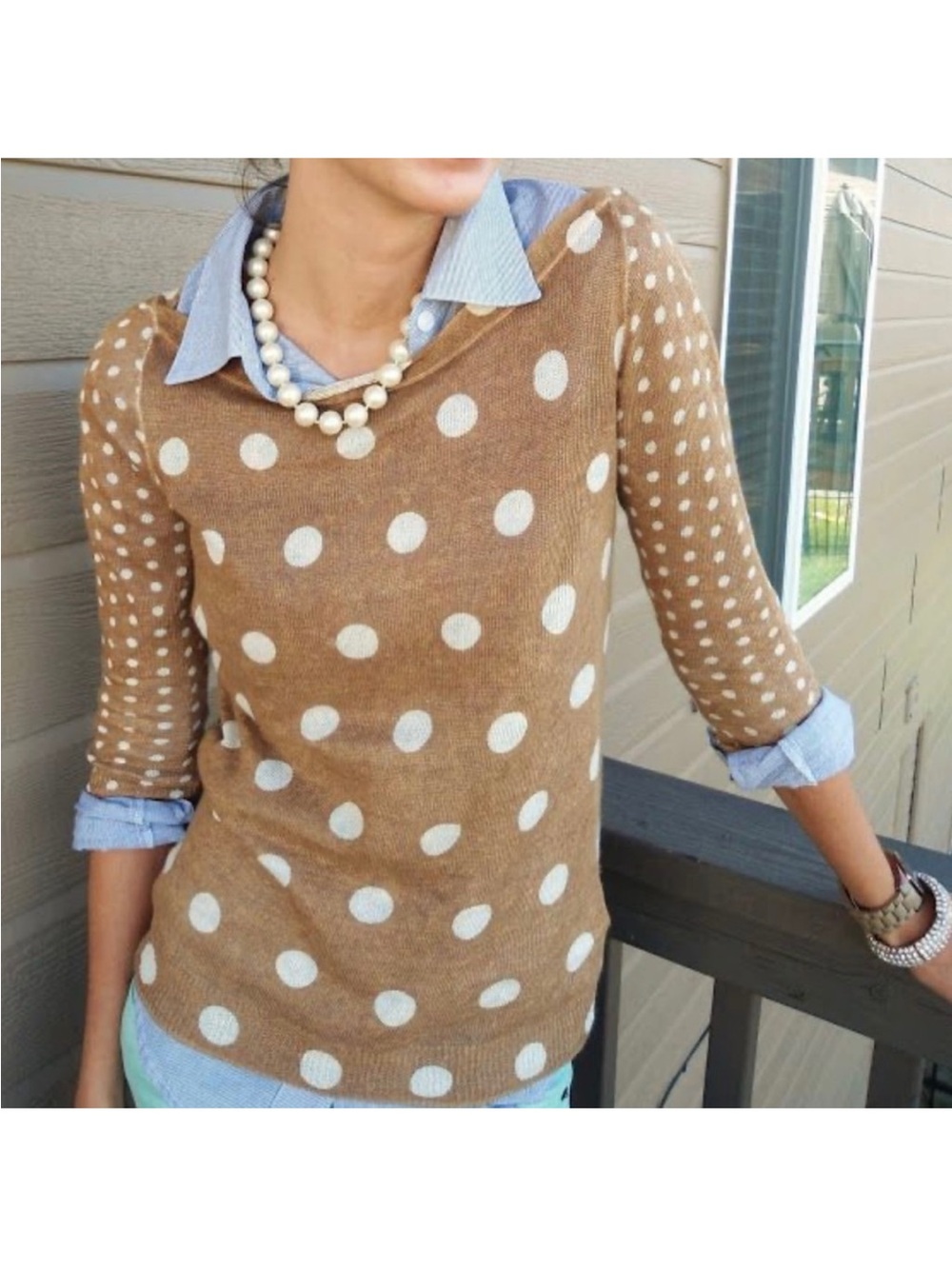J Crew Tippi Sweater linen cotton polka dot popover 3/4 sleeves retro boho XS